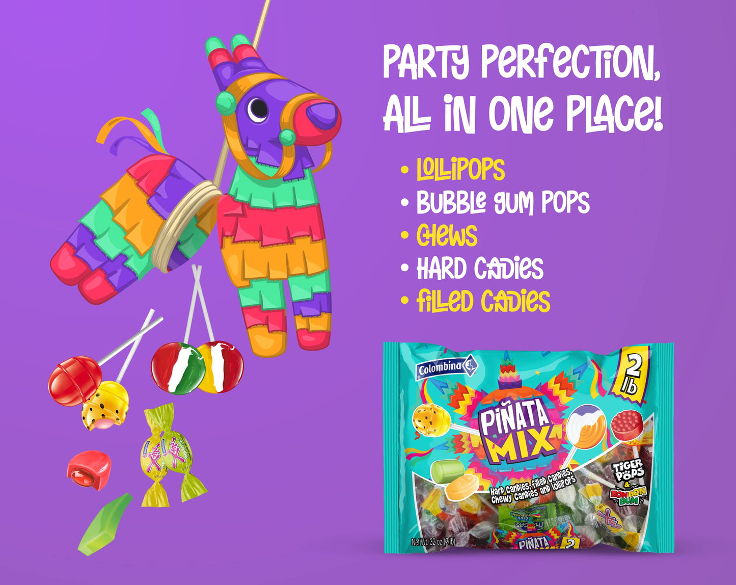 Colombina Pinata Mix 2 Lb – Assorted Candy Variety Pack - Pinata Halloween Stuffers And Party Bag Treats With Hard, Filled, And Chewy Candies Plus Lollipop (2 Pack)