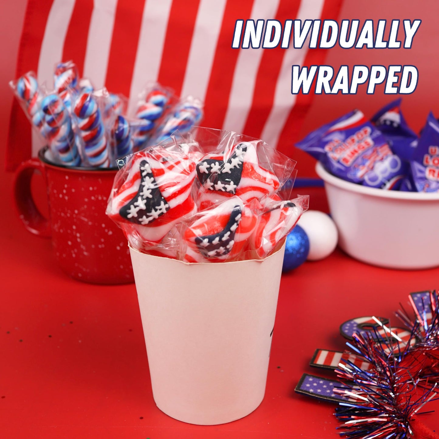 Sweetzo Red, White and Blue Star Suckers - 4th of July Individually Wrapped Lollipops, Standard Size