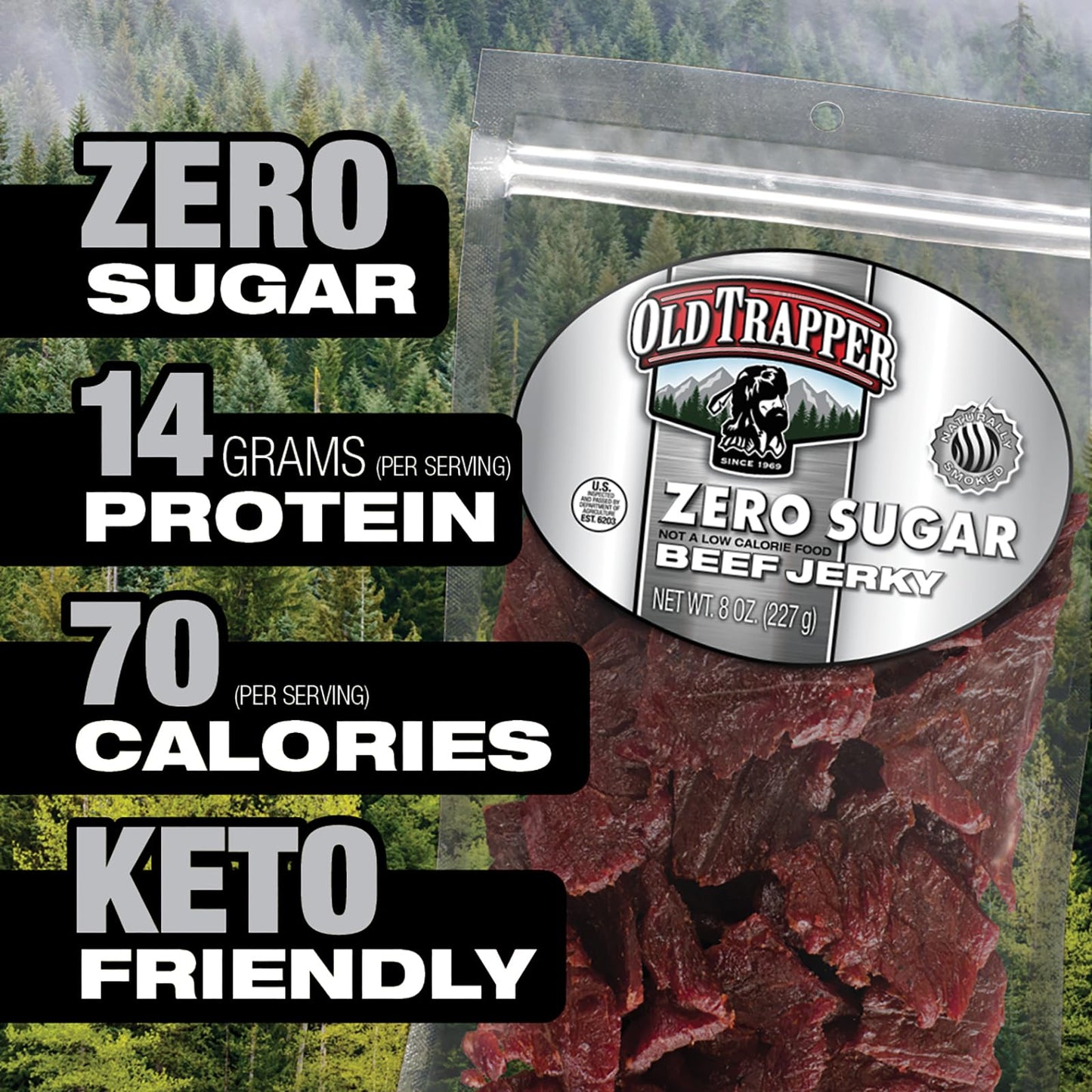 Old Trapper Zero Sugar Beef Jerky, Natural Wood Smoked, 8 Ounce Package, 14g Protein, Keto-Friendly, Model 29208T