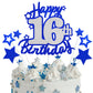 Happy 16th Birthday Cake Topper, Blue and Silver Glitter Cake Toppers, 16 Year Birthday Party Cake Decoration