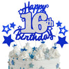 Happy 16th Birthday Cake Topper, Blue and Silver Glitter Cake Toppers, 16 Year Birthday Party Cake Decoration