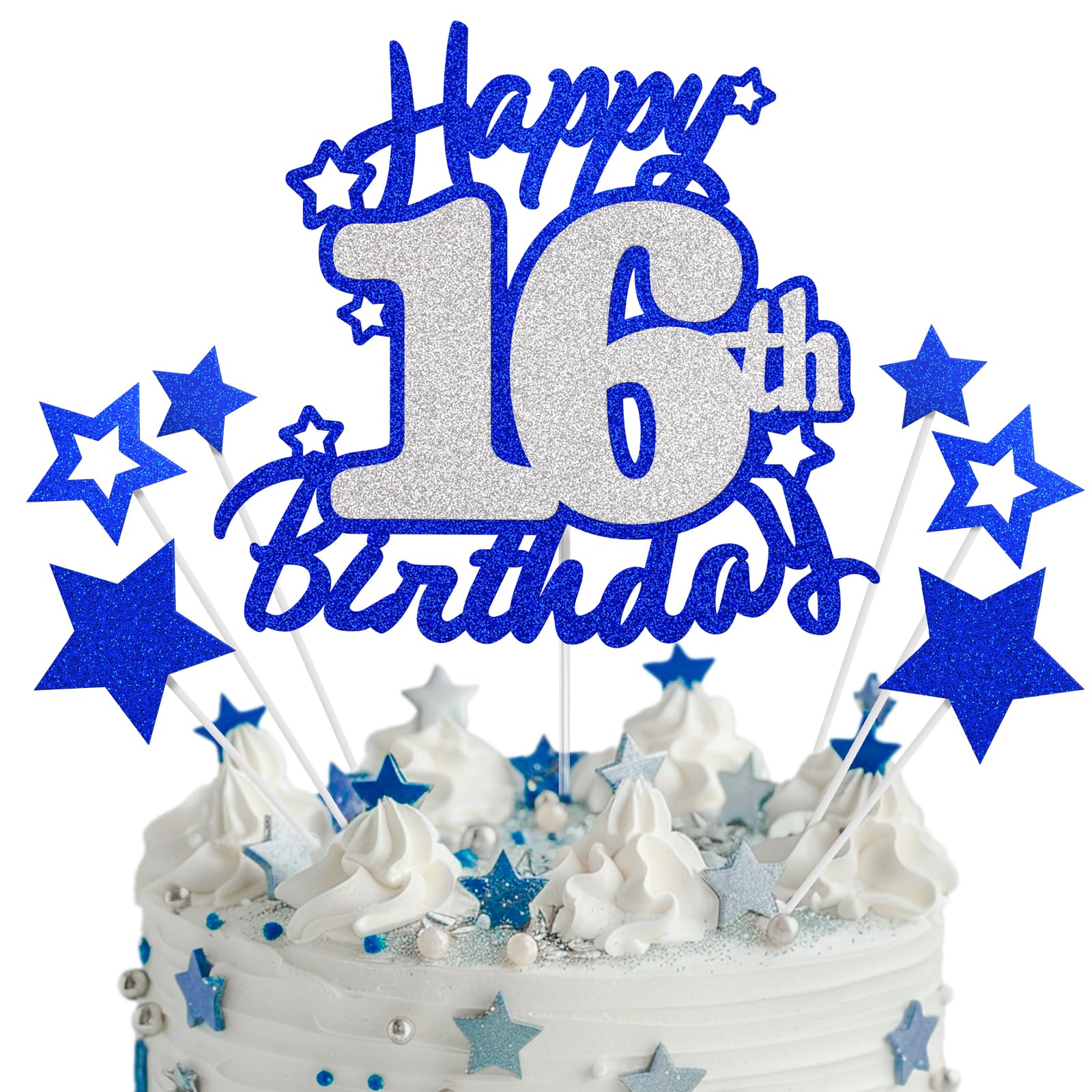 Happy 16th Birthday Cake Topper, Blue and Silver Glitter Cake Toppers, 16 Year Birthday Party Cake Decoration