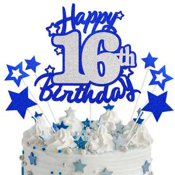 Happy 16th Birthday Cake Topper, Blue and Silver Glitter Cake Toppers, 16 Year Birthday Party Cake Decoration