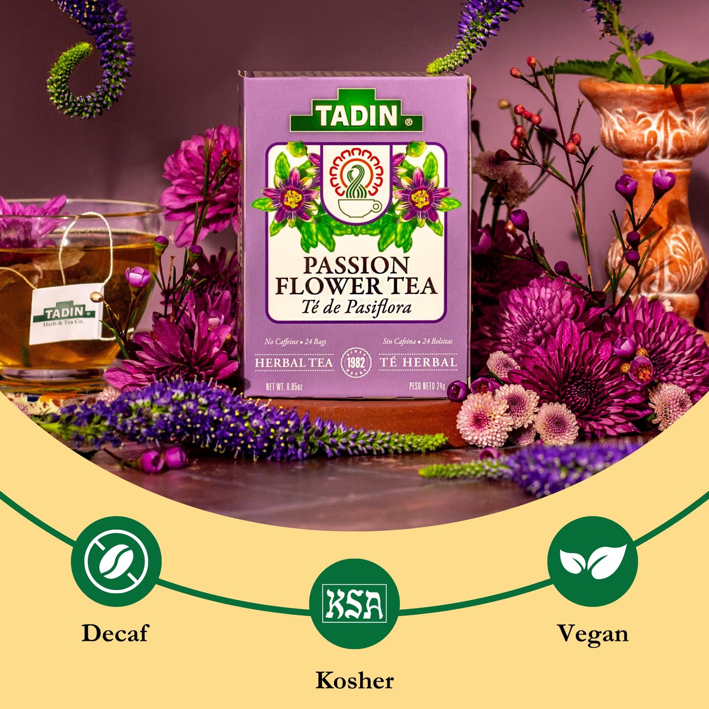 Tadin Passion Flower Herbal Tea, Caffeine-Free, 24 Tea Bags, Pack of 6