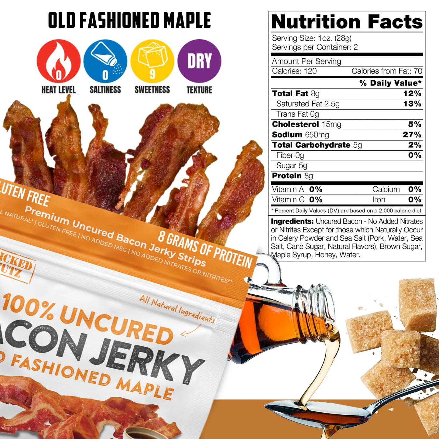 Old Fashioned Maple Bacon Jerky, Candied Jerky With 16G Protein Per Bag, Tender & Easy To Chew Fully Cooked Bacon, Usa Made High Protein Carnivore Snacks (2 Bags)