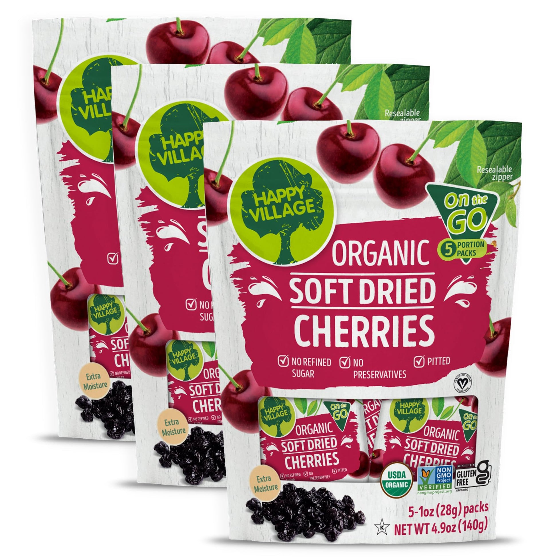 Happy Village Organic Soft Dried Cherries On the Go - 3 Bags (15 Individual Portion Packs) | Healthy, Organic, Non-GMO, Vegan, K