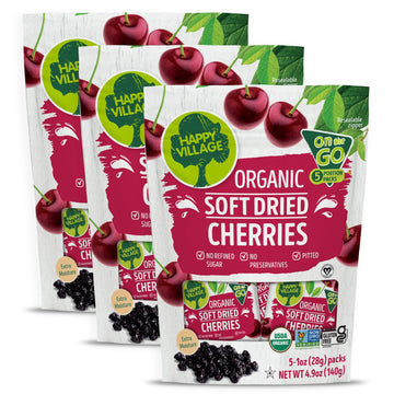 Happy Village Organic Soft Dried Cherries On the Go - 3 Bags (15 Individual Portion Packs) | Healthy, Organic, Non-GMO, Vegan, K