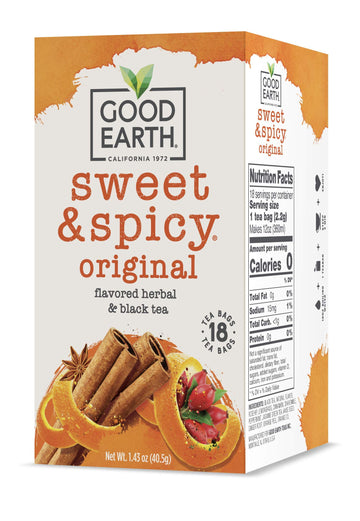 Good Earth Herbal & Black Tea, Sweet & Spicy, 18 Count Tea Bags (Pack Of 6) (Packaging May Vary)