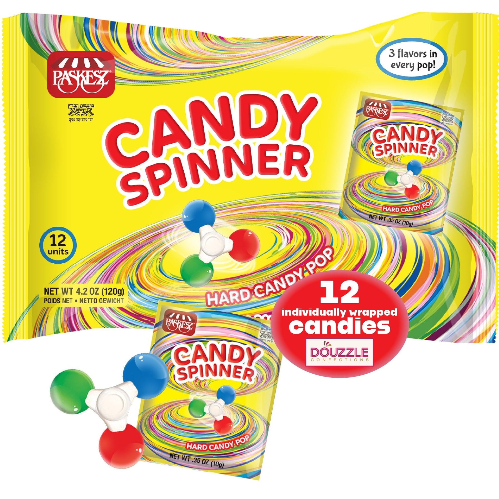 DOUzzle Candy Fidget Spinner, Hard Candy Lollipop 3 Flavors (12 count, Pack of 1) Individually Wrapped Candies, Birthday Party F