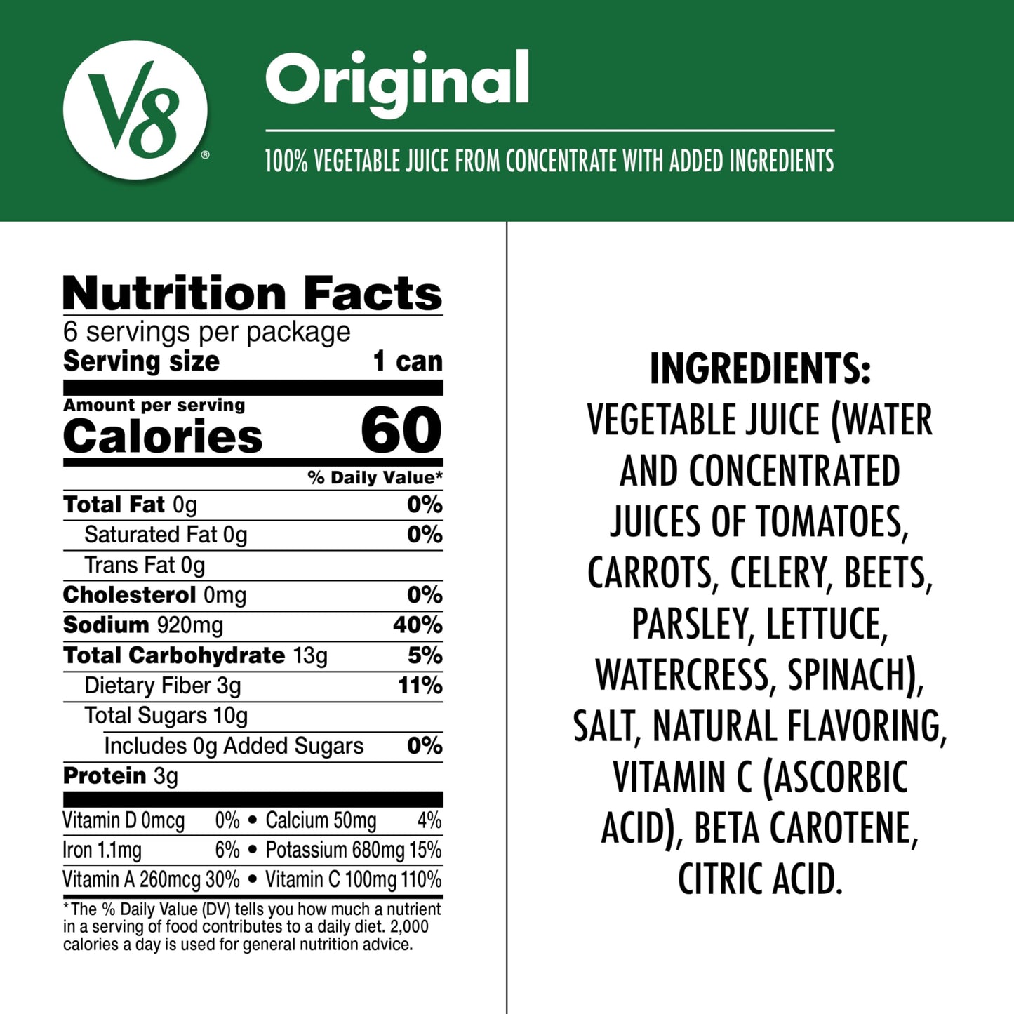 V8 Original 100% Vegetable Juice, 11.5 fl oz | Can | Pack of 24