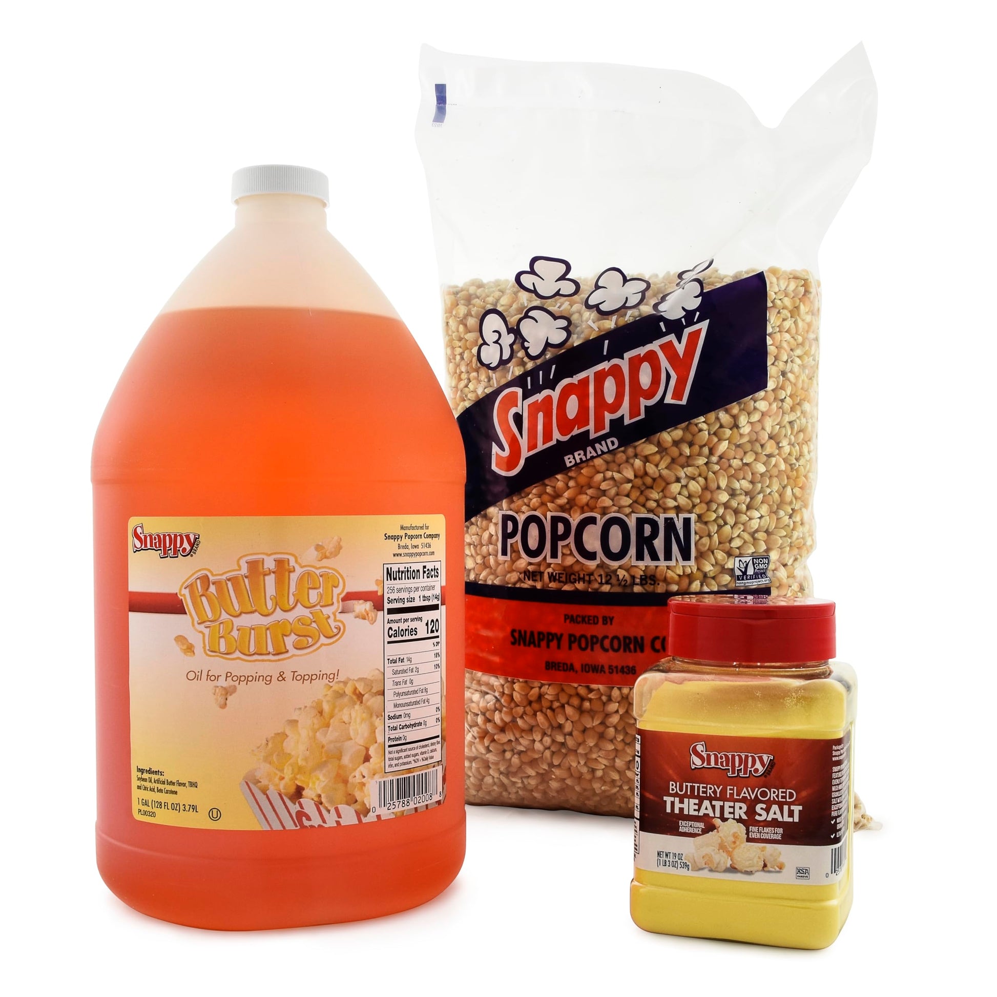 SNAPPY Butter Burst Popcorn Oil & Yellow Popcorn Kernels, 12.5 lb Pack of 3, Buttery Flavored Topping for Popping