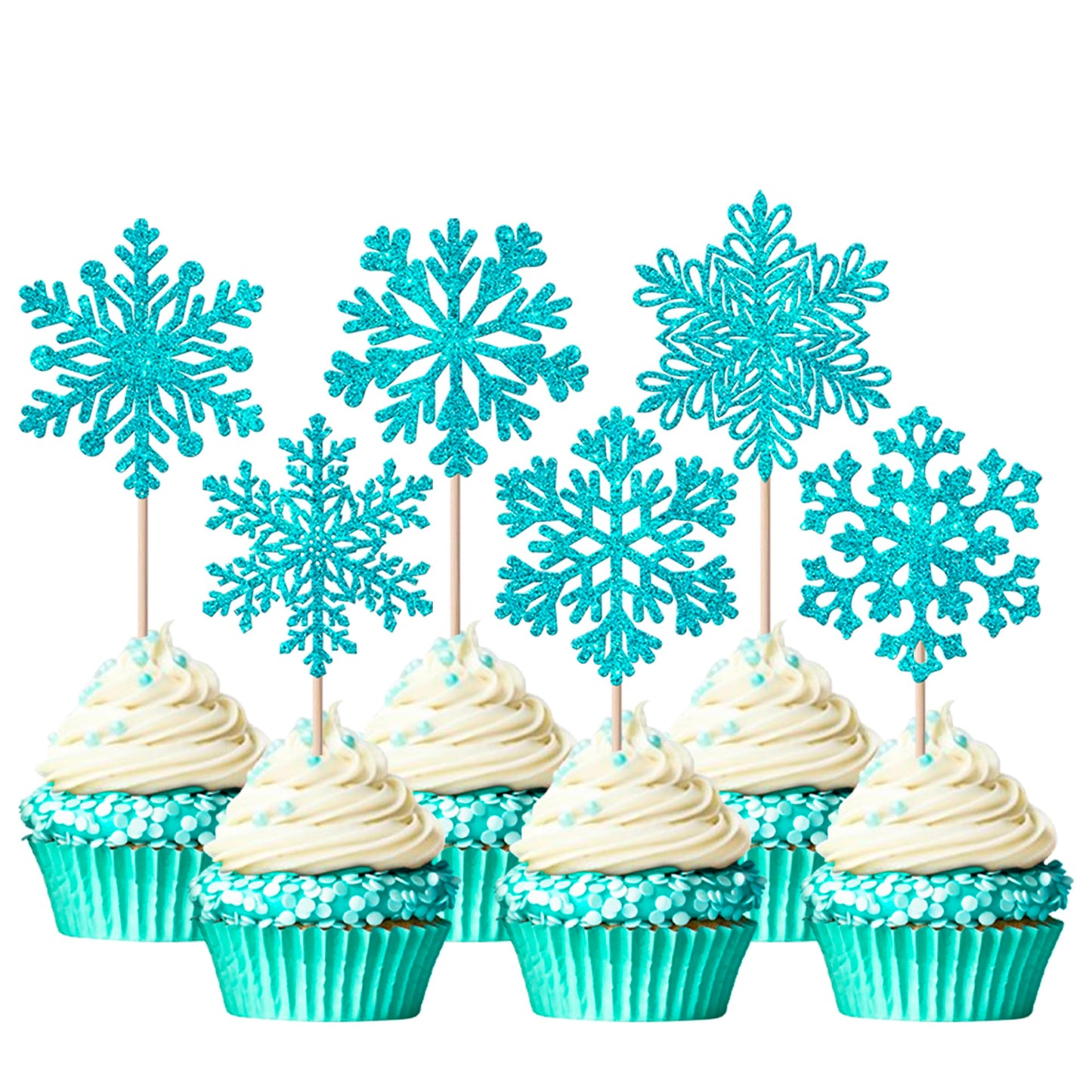 YCTHUNFISH Snowflake Cupcake Toppers, 24 Pack, Glitter Paper Decorations for Winter, Blue