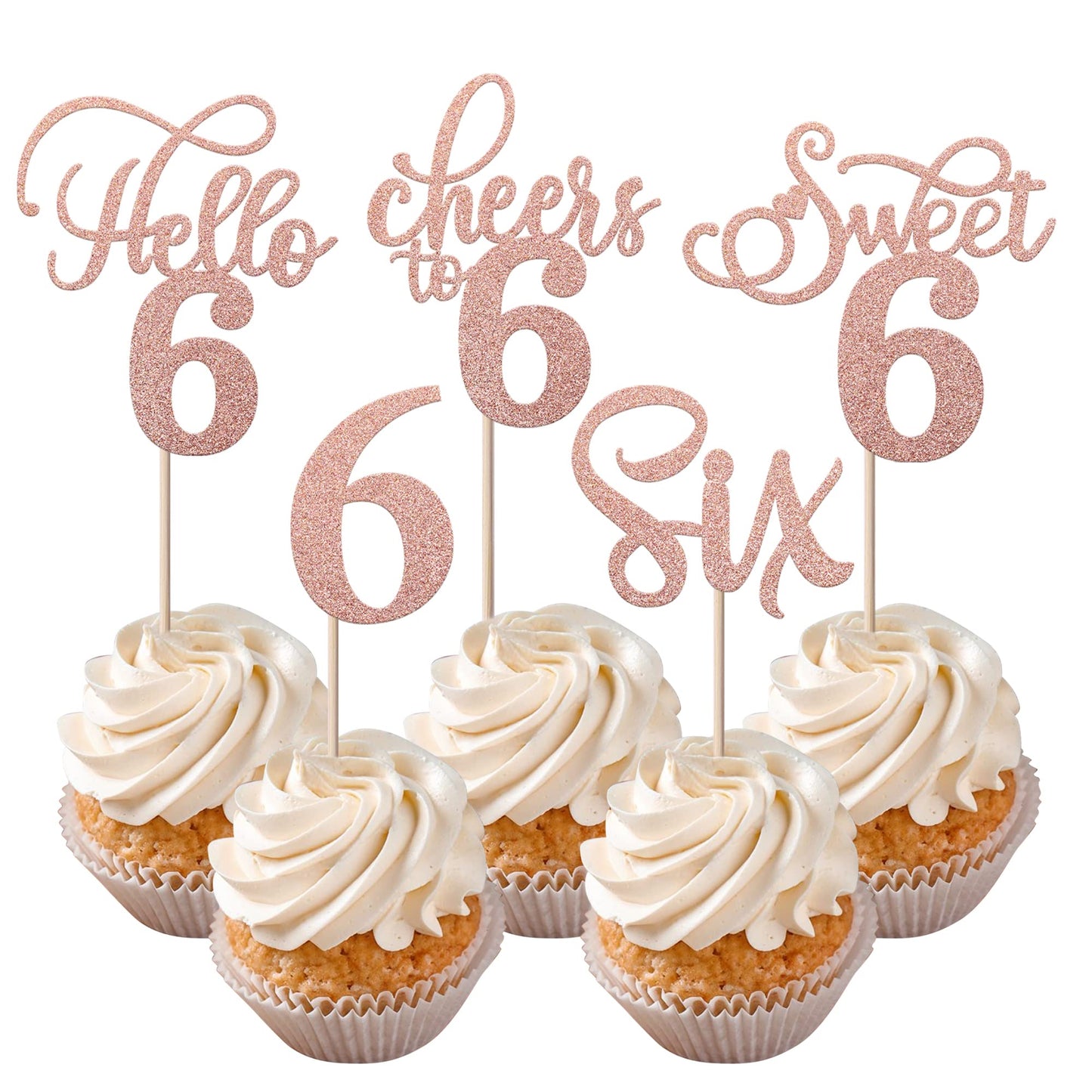 Rsstarxi Cupcake Toppers 30 Pack Rose Gold Glitter 6th Birthday Picks, Model XM202