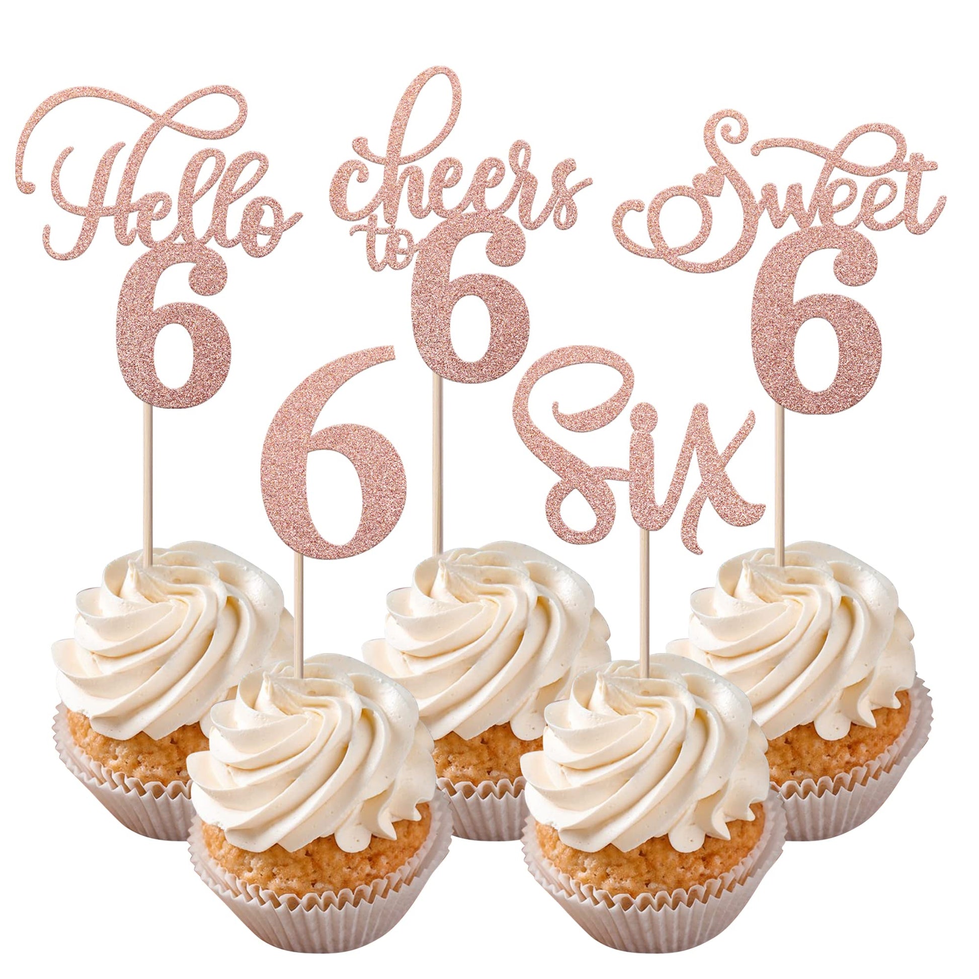 Rsstarxi Cupcake Toppers 30 Pack Rose Gold Glitter 6th Birthday Picks, Model XM202