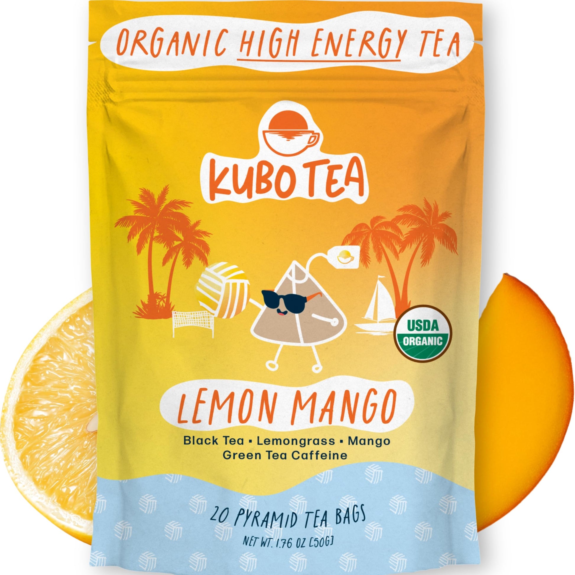 High Energy Blend Tea (155 Mg) - Kubo Tea: Organic Lemon Mango Black Tea Bags For Clean Energy & Focus | Healthy Coffee Substitute | Fruity Energy Blend Blend | 20 Ct | Compostable Packaflavor Blendg