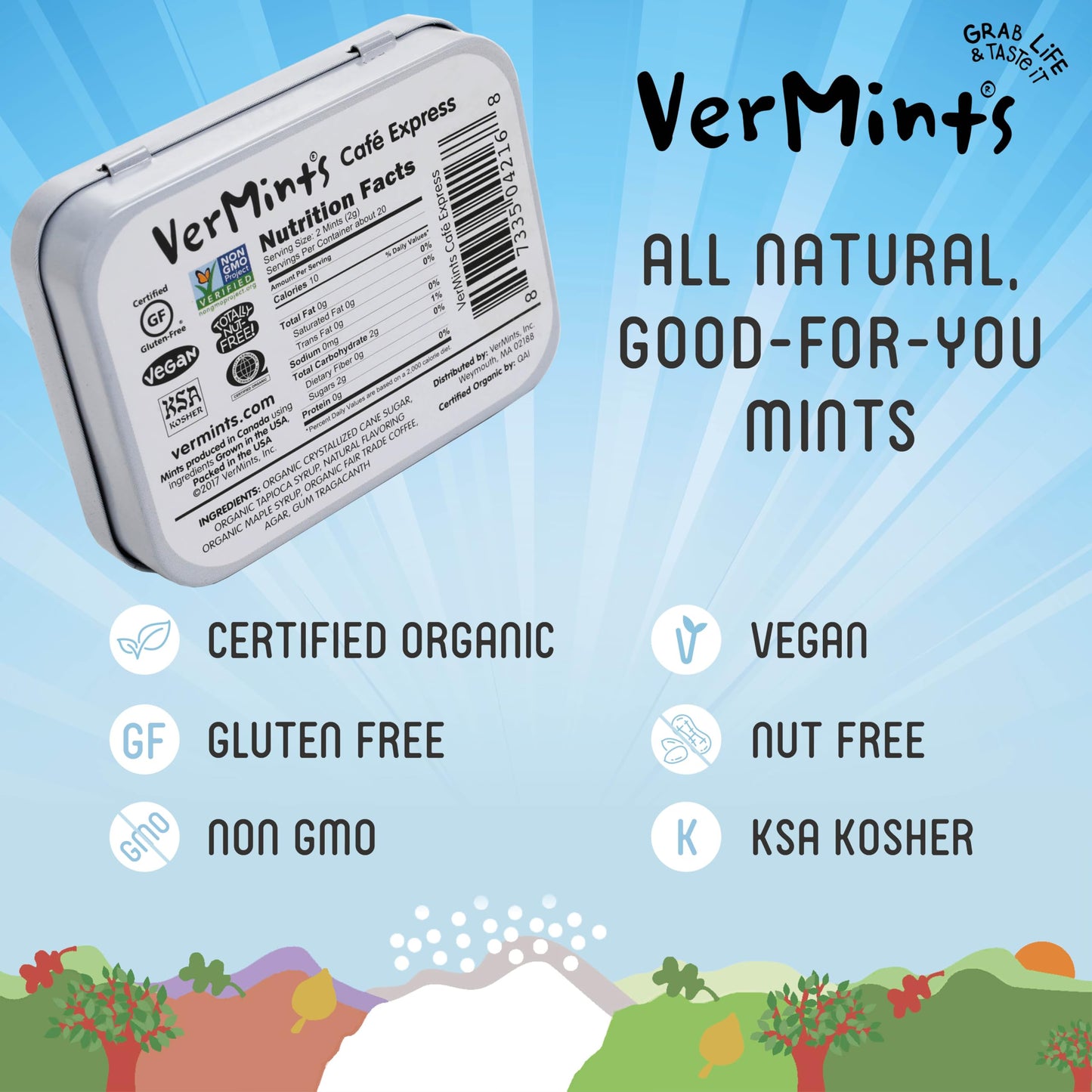Organic Breath Mints By Vermints, Café Express Coffee Flavor, All Natural Pastilles, Non-Gmo, Nut Free, Gluten Free, Vegan, Ksa Kosher, Pack Of 6, 1.41Oz Tins