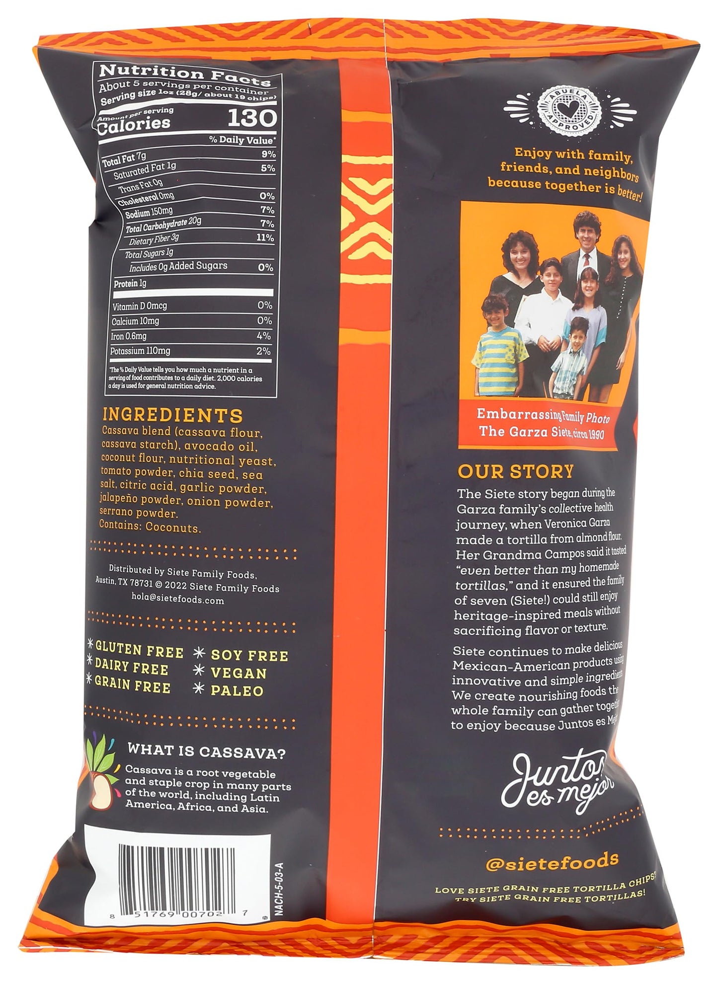 Siete Grain Free Tortilla Chips, Nacho Flavor, 5 Oz, Gluten-Free, Orange