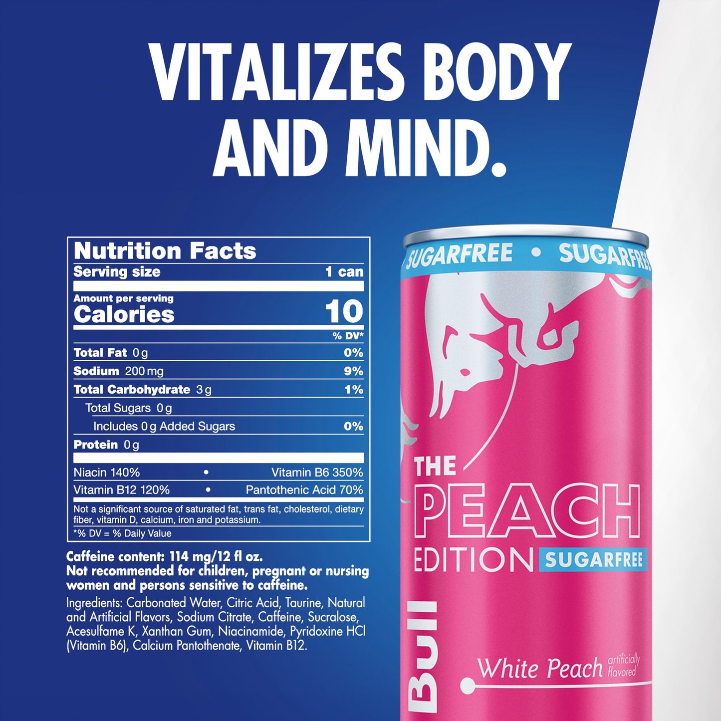 Red Bull Sugar-Free White Peach Summer Edition Energy Drink  with 114mg Caffeine plus Taurine & B Vitamins  12 Fl Oz  Pack of 24 Cans