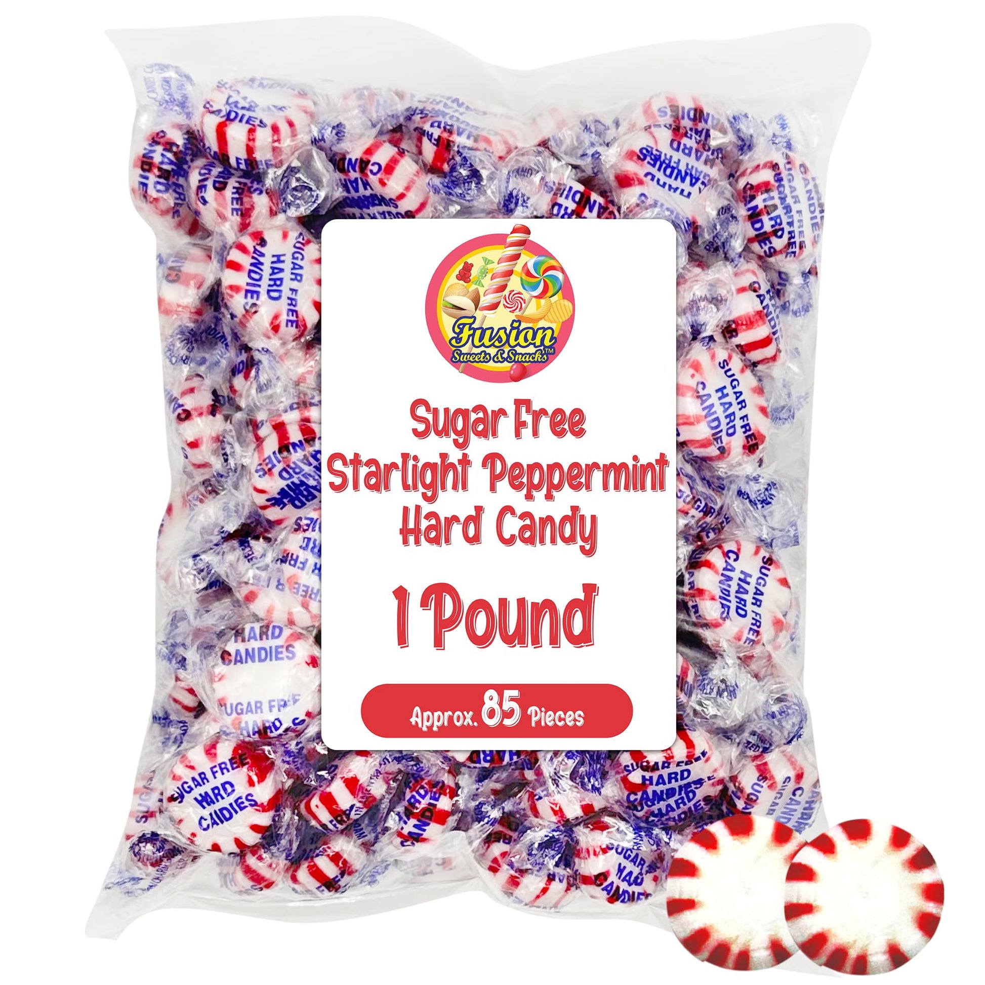 Fusion Sweets Sugar Free Peppermint Starlight Candy - 1 lb Bulk Bag - Individually Wrapped - Red and White - Keto Friendly
