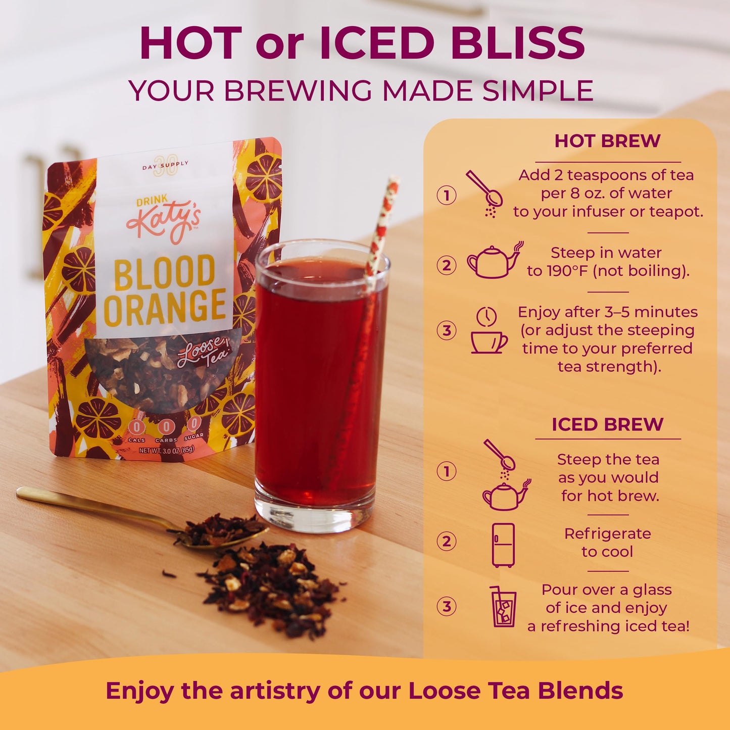 DRINK KATYS Blood Orange Herbal Tea, Caffeine Free, 3 Ounce, Loose Leaf, All Natural, Makes Hot or Iced Tea