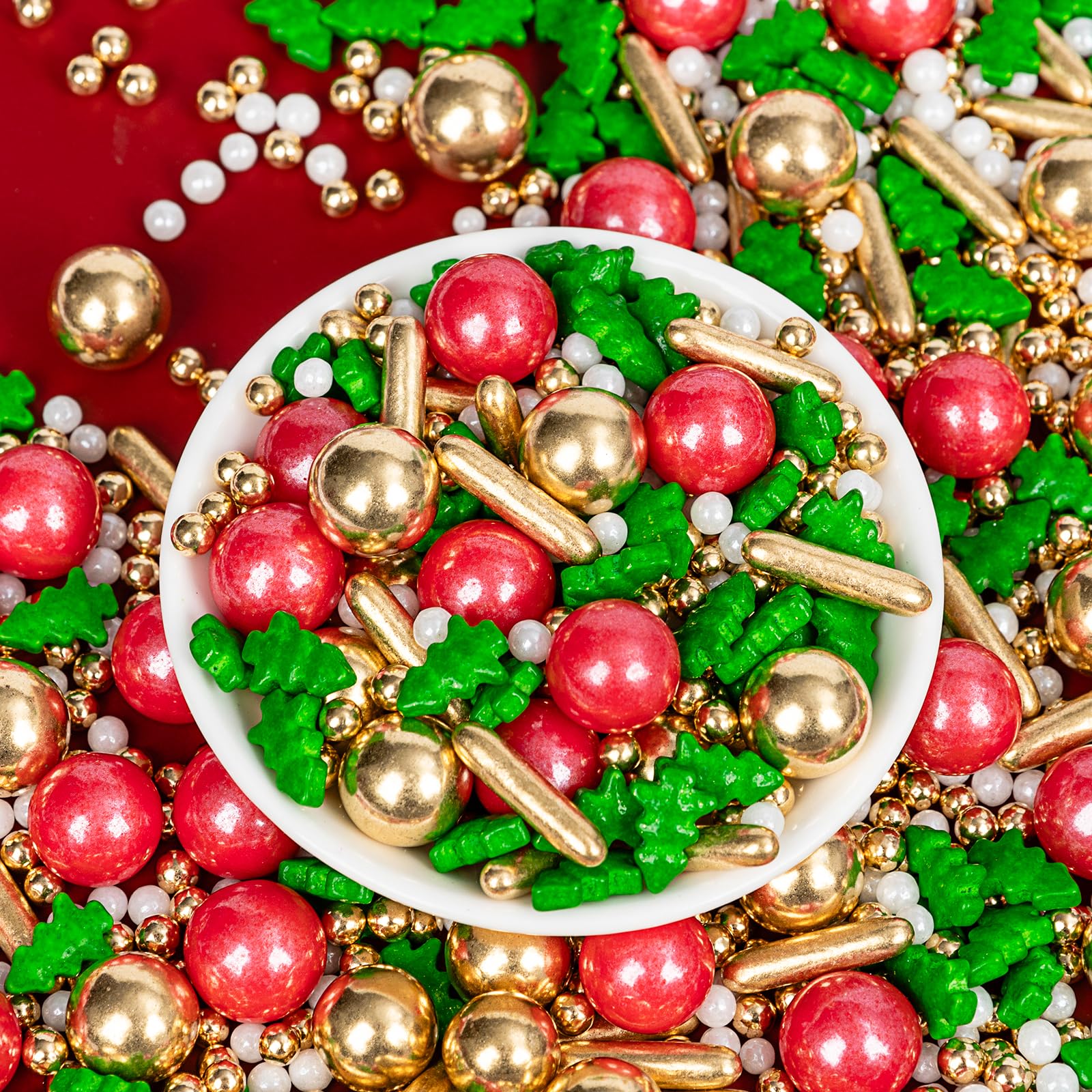 Christmas Tree Sprinkles for Cake Decorating,130g Red Gold and White Pearl,Gold Rods Green Trees Mixed,Edible Sugar Holiday spri