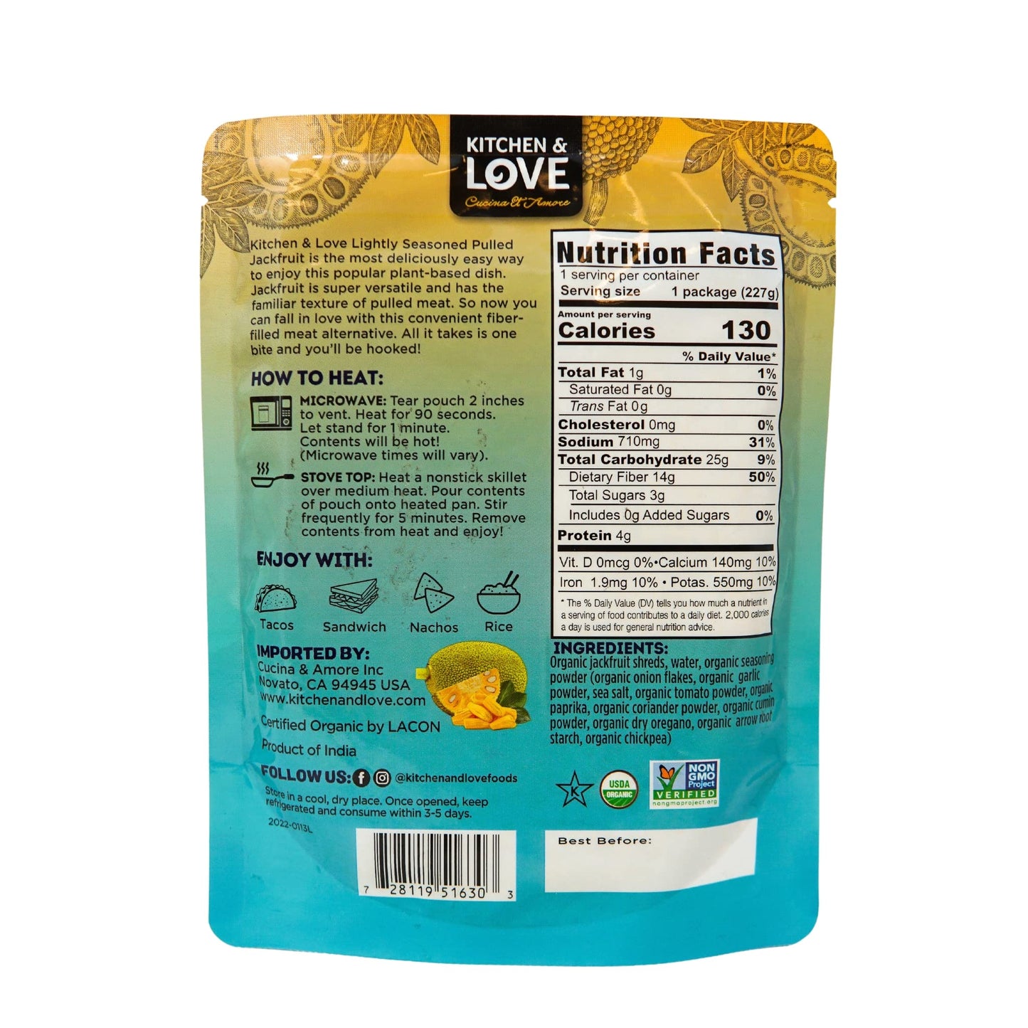 Kitchen And Love, Jackfruit Lightly Seasoned, Organic, Fully Cooked, Versatile Plant Based Meat Alternative, Gluten Free, 90 Sec
