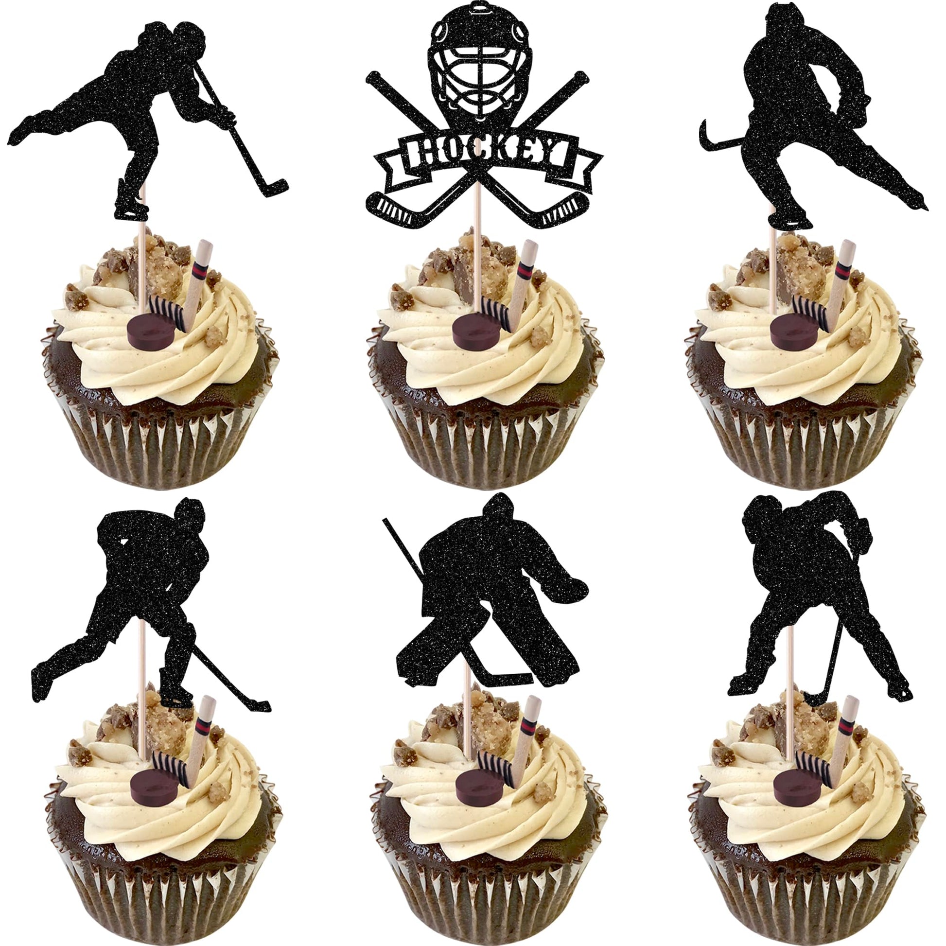 Rsstarxi Hockey Cupcake Toppers - 24 Pack Cake Decorations - Paper - Black - Model XM545-black