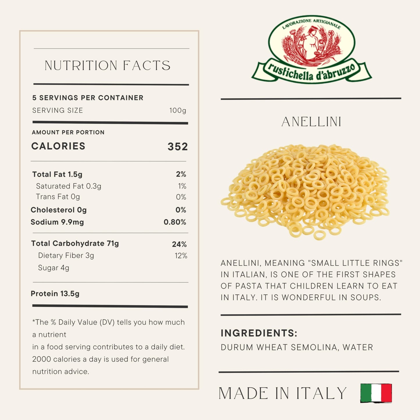 Rustichella D'Abruzzo Durum Wheat Anellini Pasta - 17.6 Oz (2 Pack)