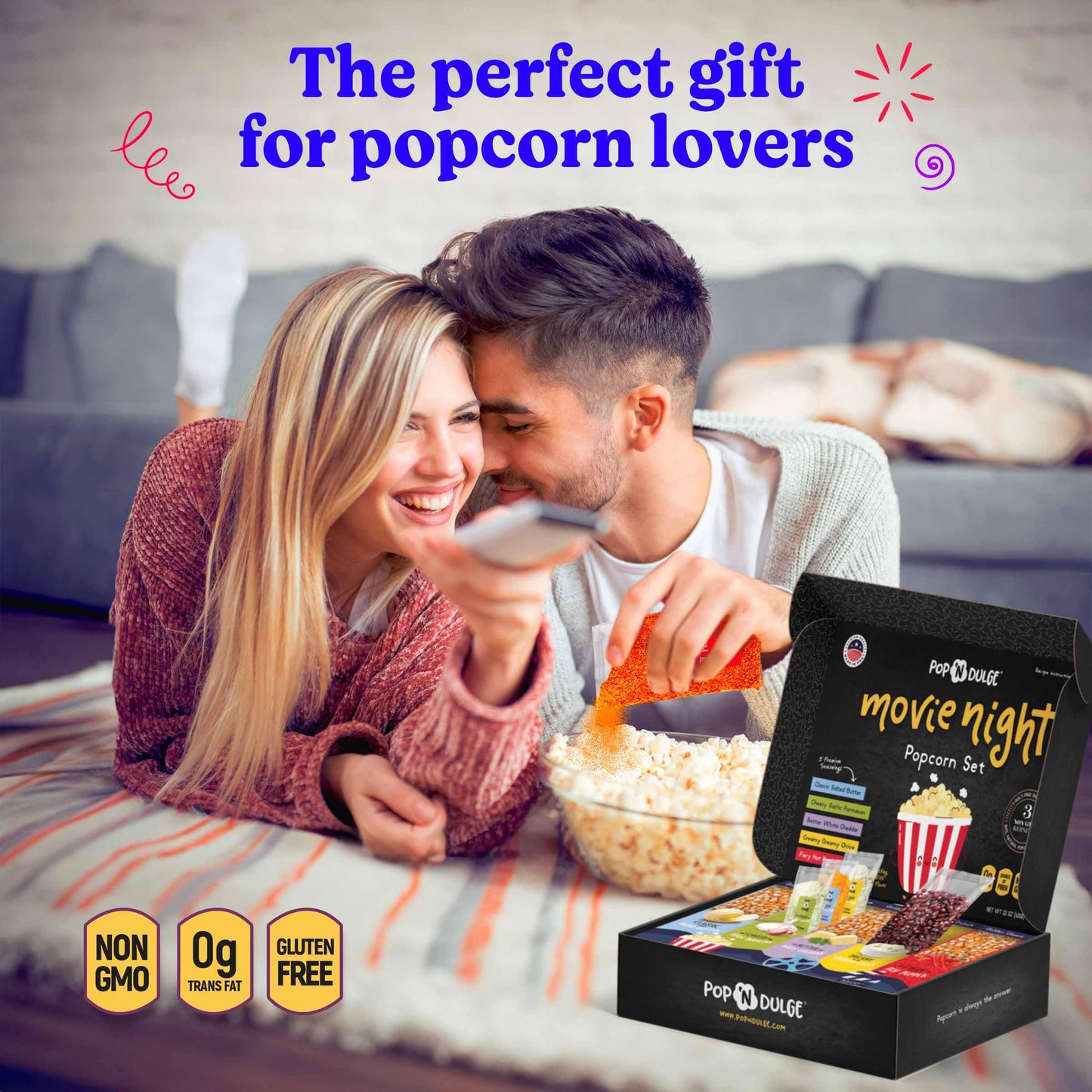 Pop n  Dulge Popcorn Movie Night Supplies 16 pcs Gift Set, 5 Gourmet Popcorn Kernels, 5 Seasoning Variety Packs Non-GMO Kosher