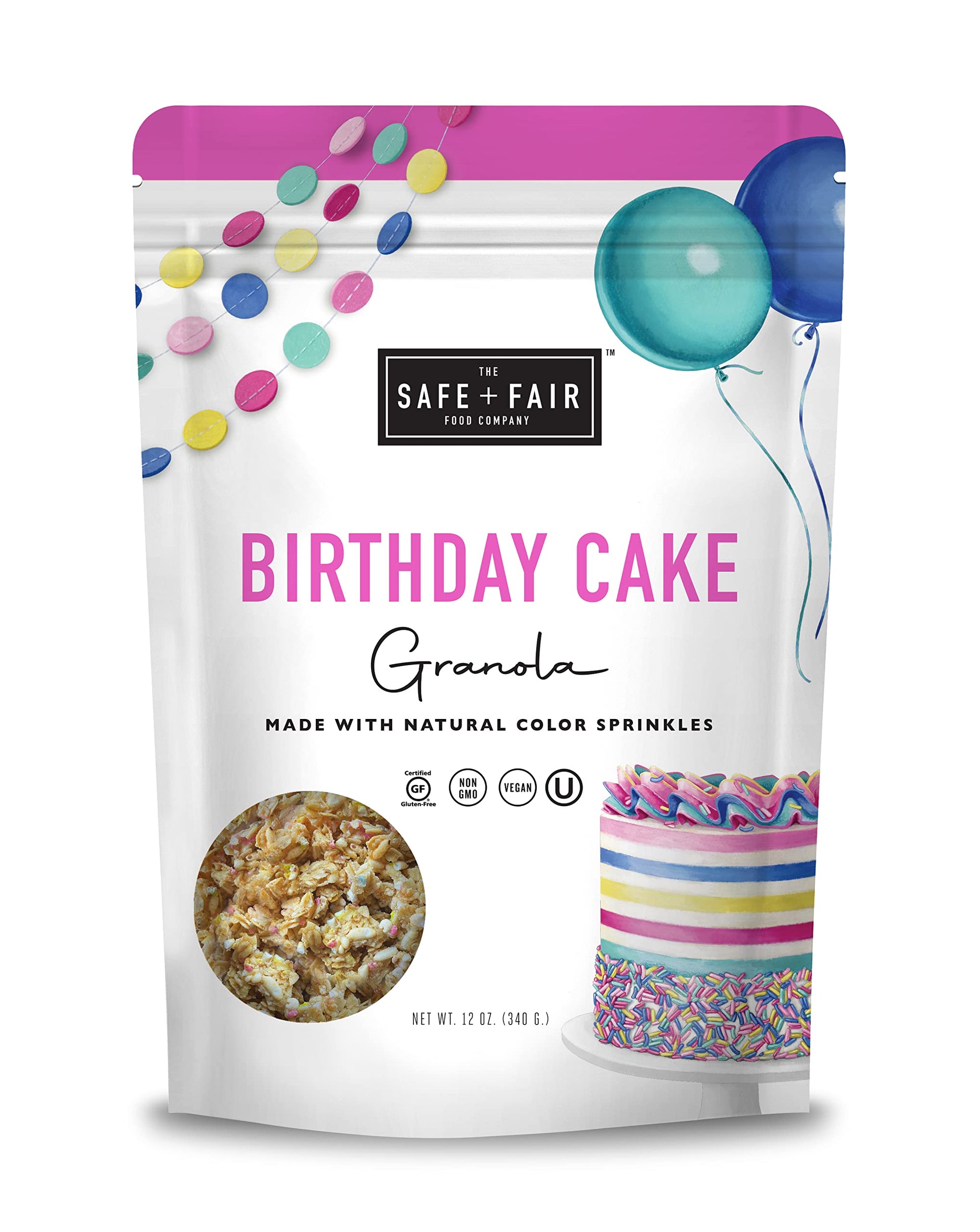Safe + Fair Birthday Cake Granola – Gluten-Free, Vegan & Plant-Based Snack With Natural Sprinkles – 0G Trans Fat, Non-Gmo, Kosher, Allergen-Free, Whole Grain - 12Oz