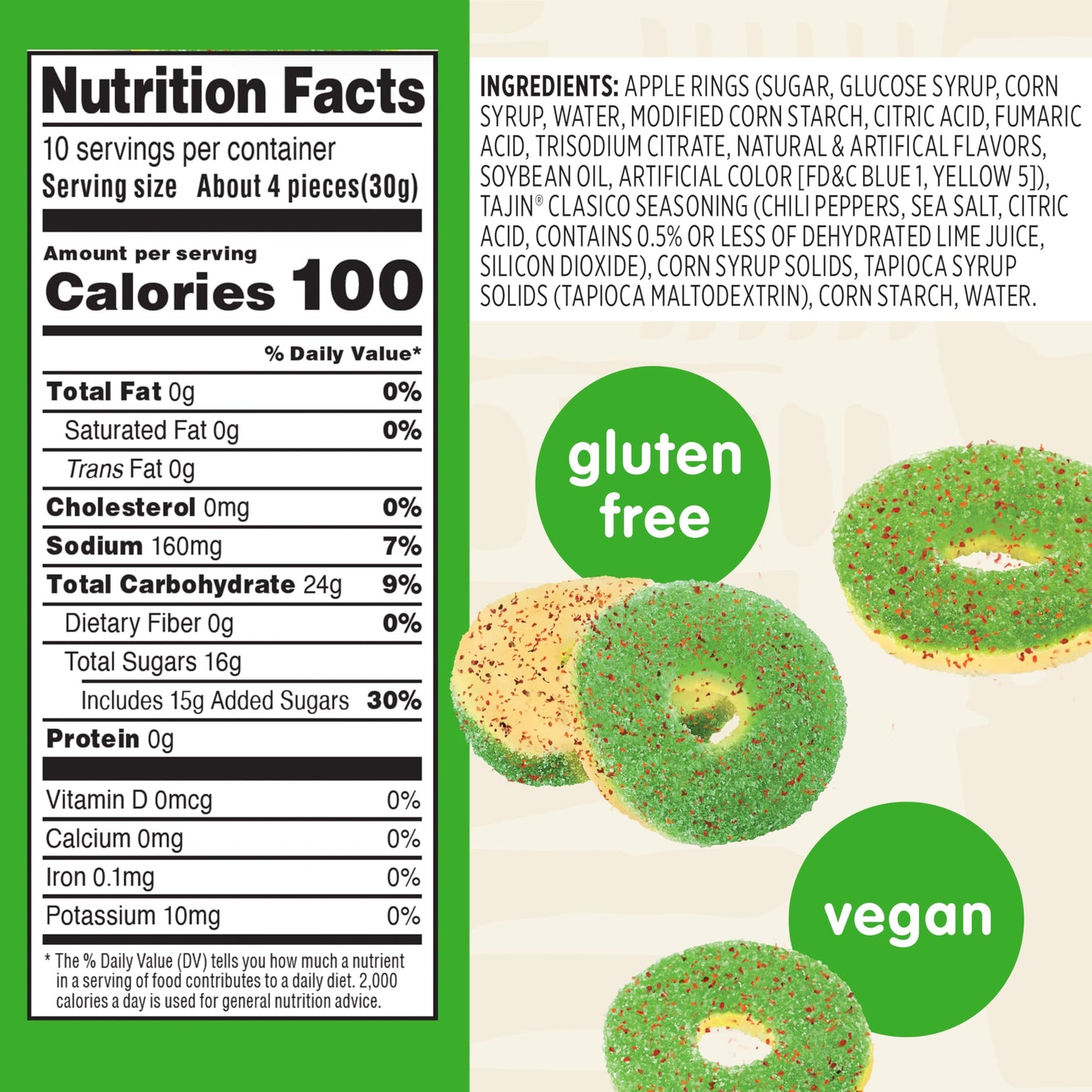 Snak Club Tajin Apple Rings Gummy Candy, Fruit Candy Gummies with Chili and Lime Seasoning, Mild, Gluten-Free and Vegan Snacks,