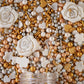 Confect Edible Cake Decorations - White Rose Flowers with Gold & Silver Sprinkles Mix, Vegan, Gluten-Free, 4.2 Oz