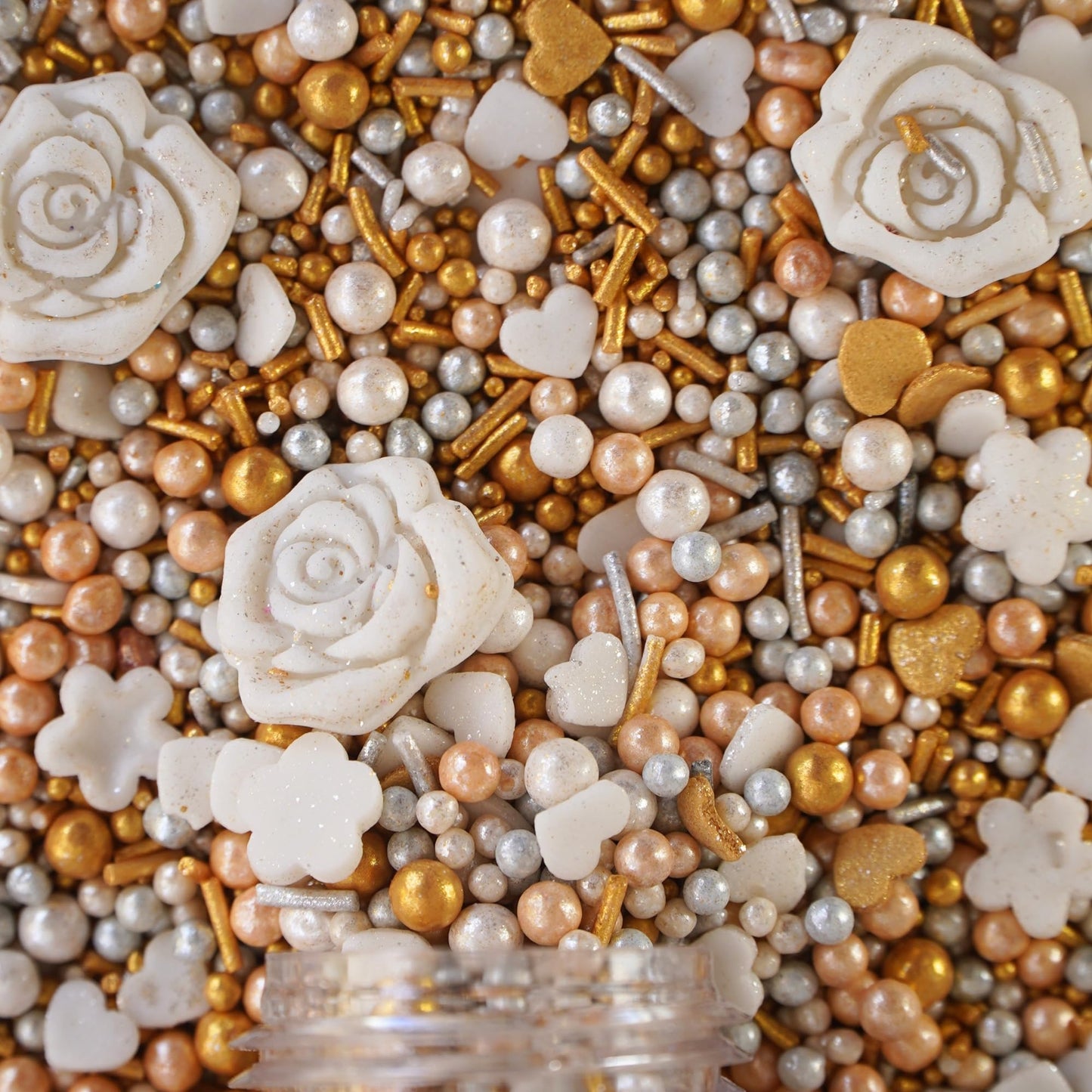 Confect Edible Cake Decorations - White Rose Flowers with Gold & Silver Sprinkles Mix, Vegan, Gluten-Free, 4.2 Oz
