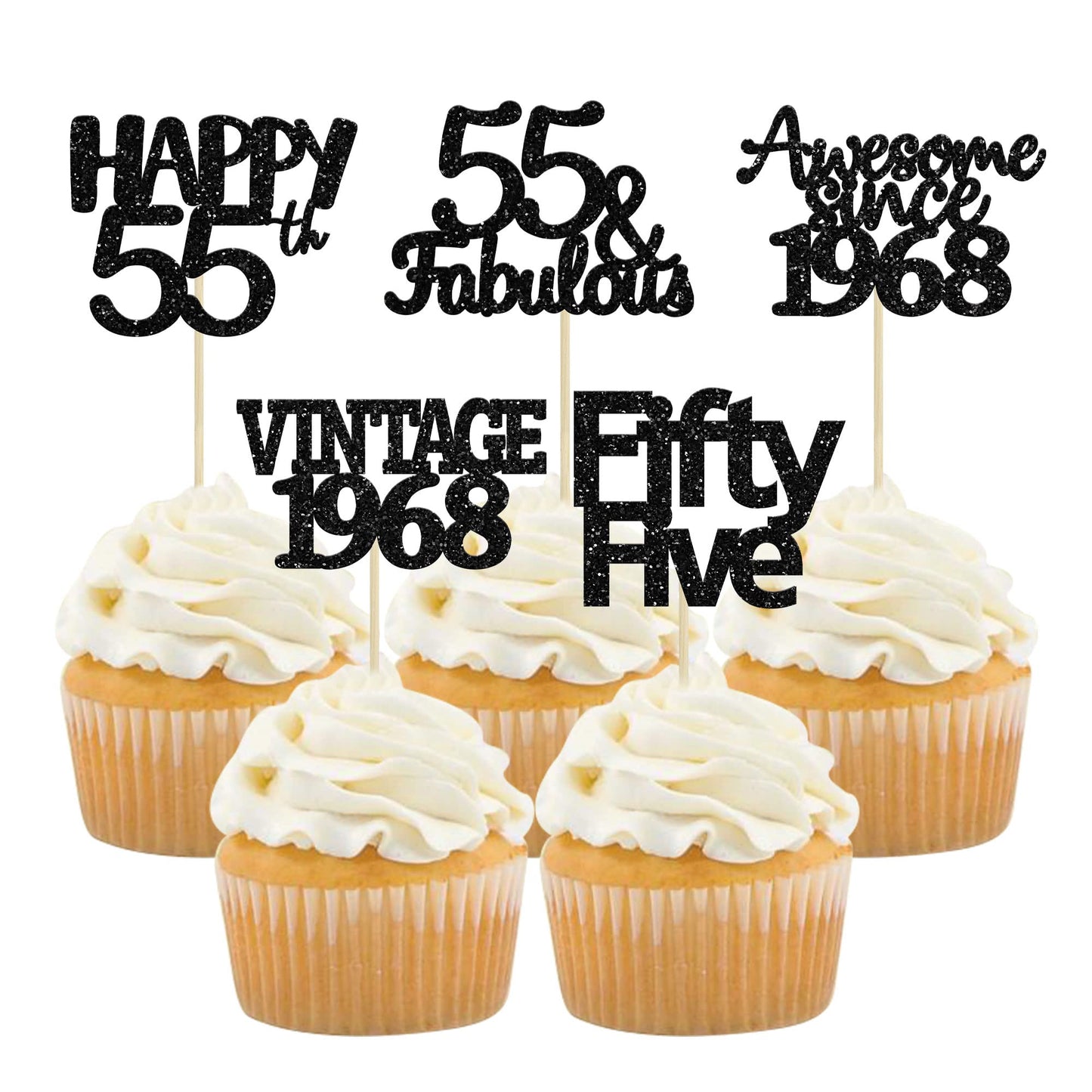 Gyufise 30 Pack Black Glitter Vintage 1968 Cupcake Toppers Glitter 55 Fabulous Happy 55 Cheers to 55 Years Birthday Cupcake Pick