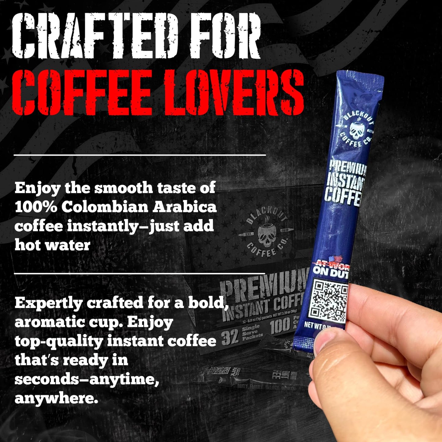 Blackout Coffee Colombian Arabica Instant Coffee - Medium Roast, Strong Aromatic, 32 Count Pack