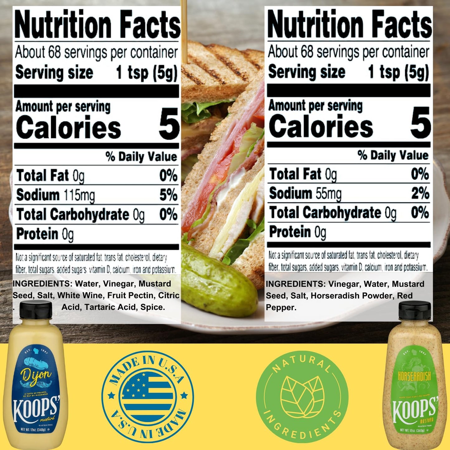 Koops Mustard Variety Pack - Original Yellow, Spicy Brown, Dijon, Honey Mustard, & More - Gluten-Free, Kosher, USDA Organic, Ma