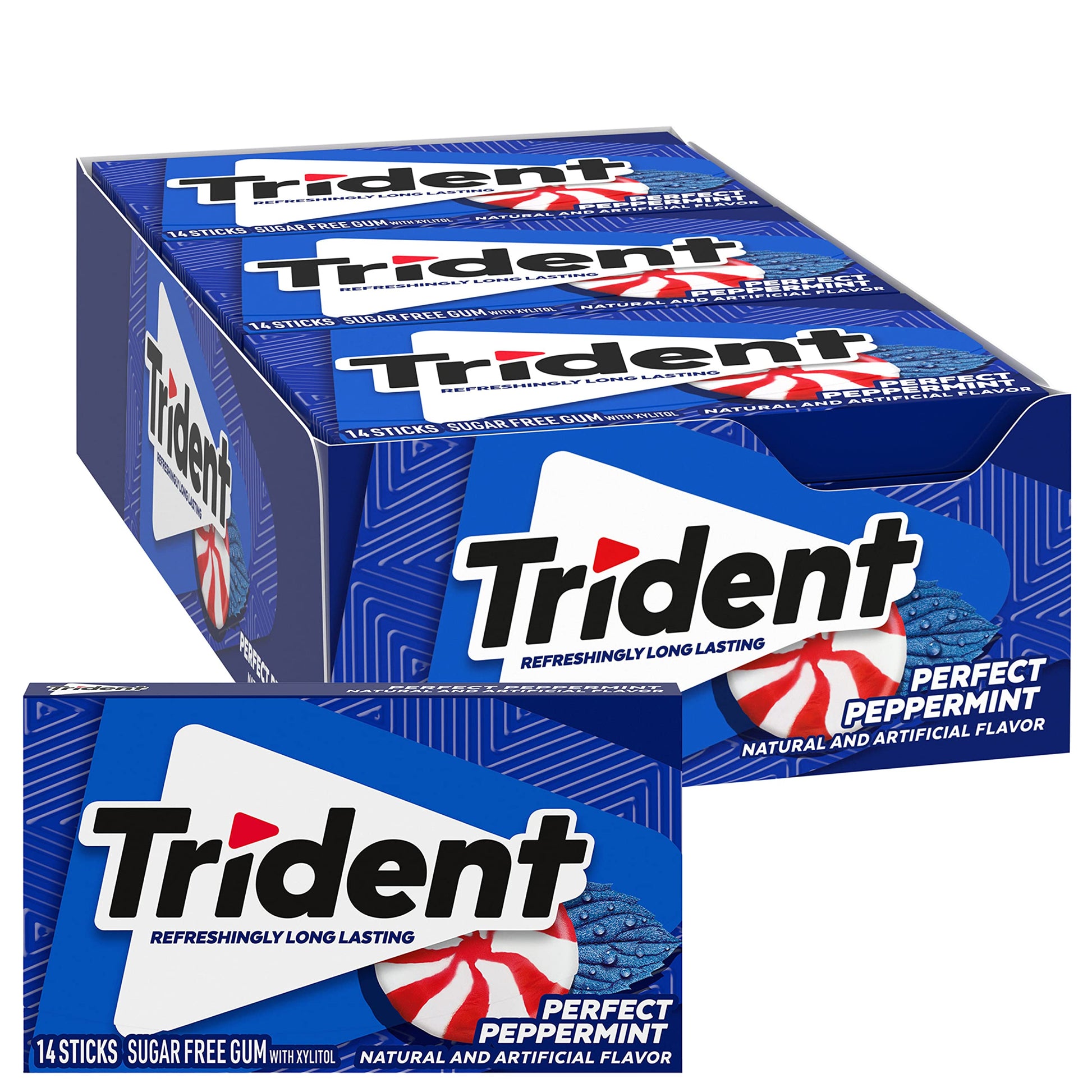 Trident Sugar Free Gum, Perfect Peppermint Flavor, 14 Pieces per Pack, 12 Packs, Total 168 Pieces