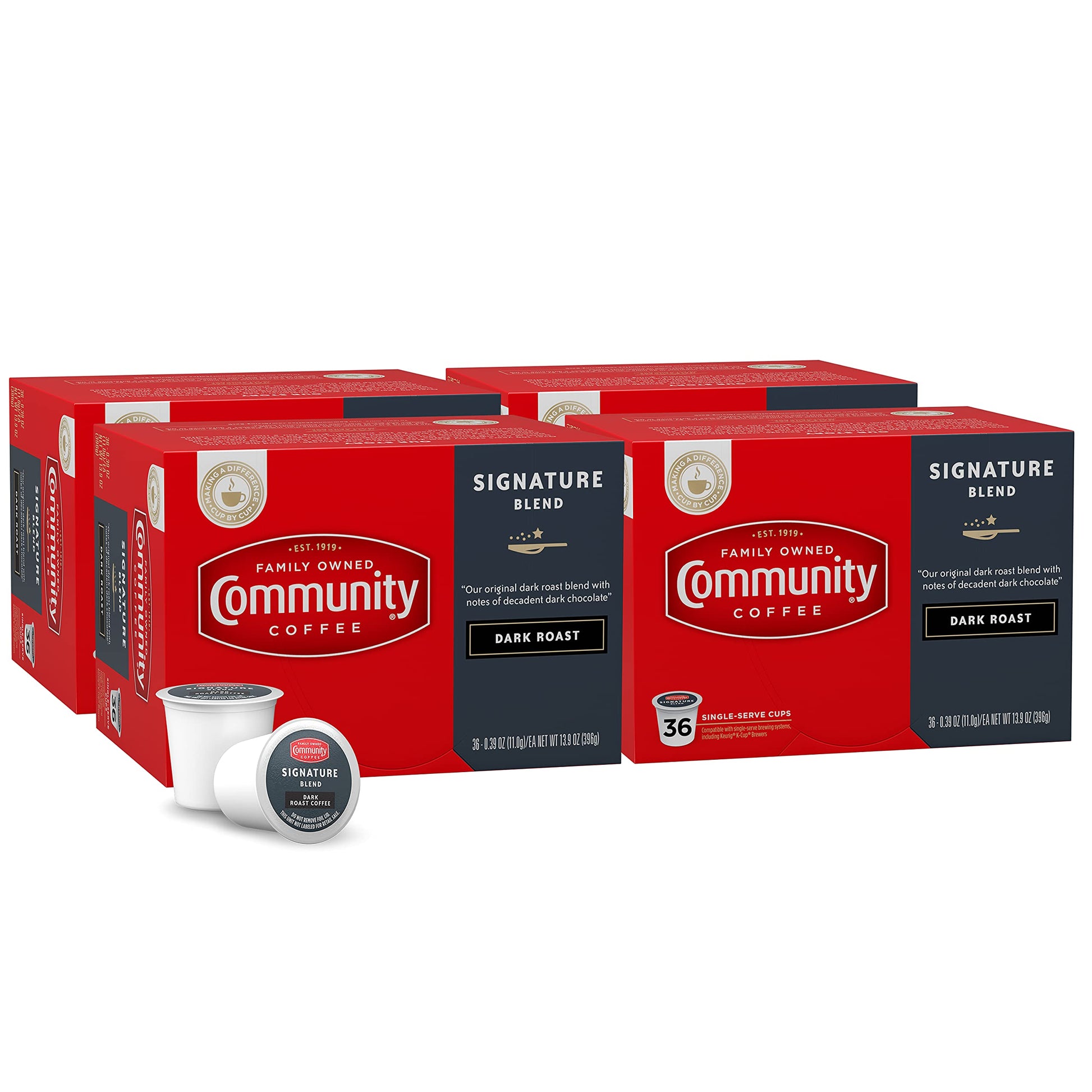 Community Coffee Signature Blend Dark Roast Coffee Pods, 144 Count, Compatible with Keurig 2.0, Pack of 4