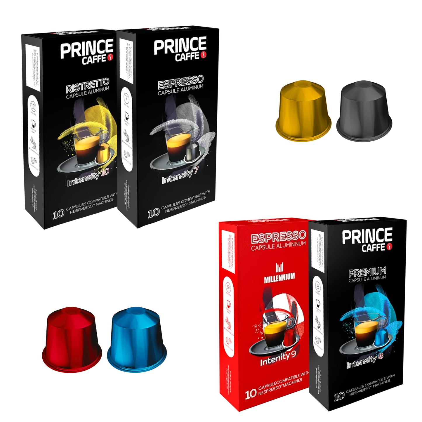 Prince Caffe Espresso Pods Variety Pack Compatible with Nespresso Original Line Machines - Espresso  Ristretto  Millennium & enhanced - Intensity 7 8 9 10  40 Count (4 x 10 Capsules)