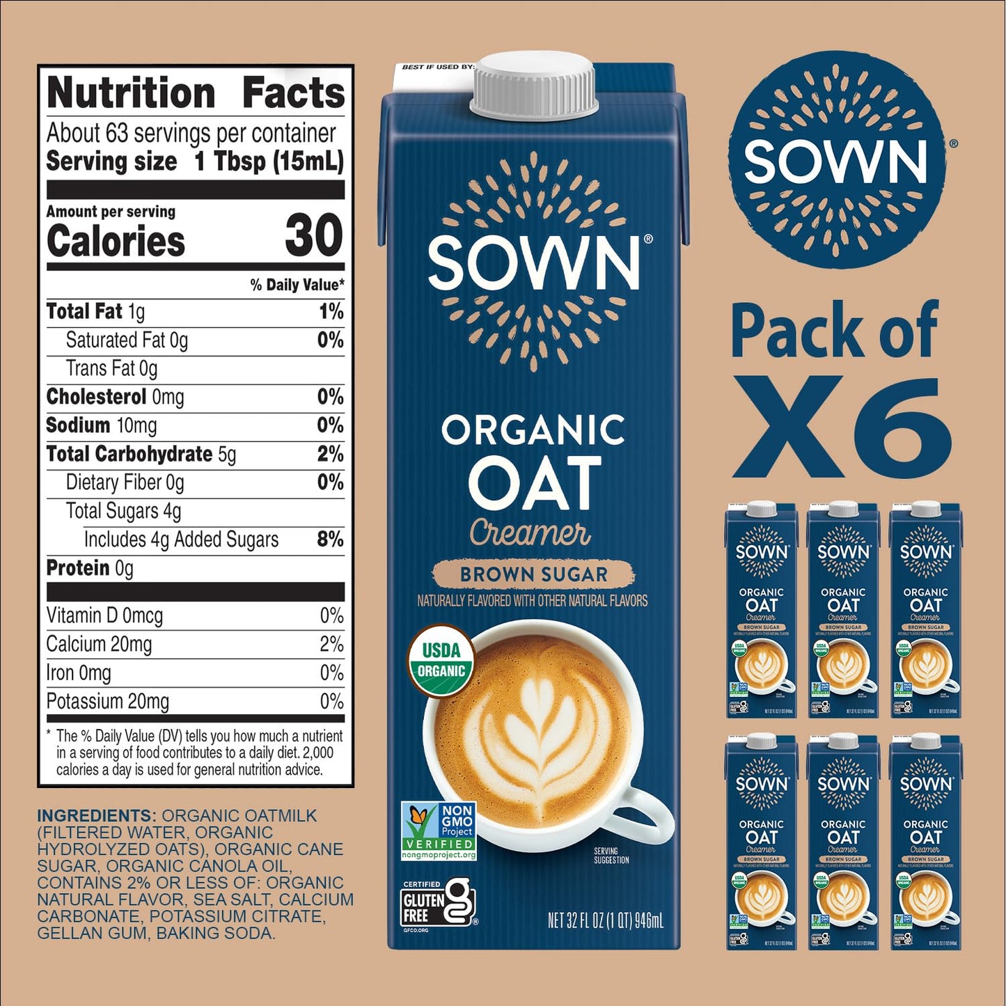 SOWN Organic Oat Creamer Brown Sugar - Barista Oat Milk Non Dairy Coffee Creamer - Plant Based, Dairy-Free, Vegan, Gluten-Free,