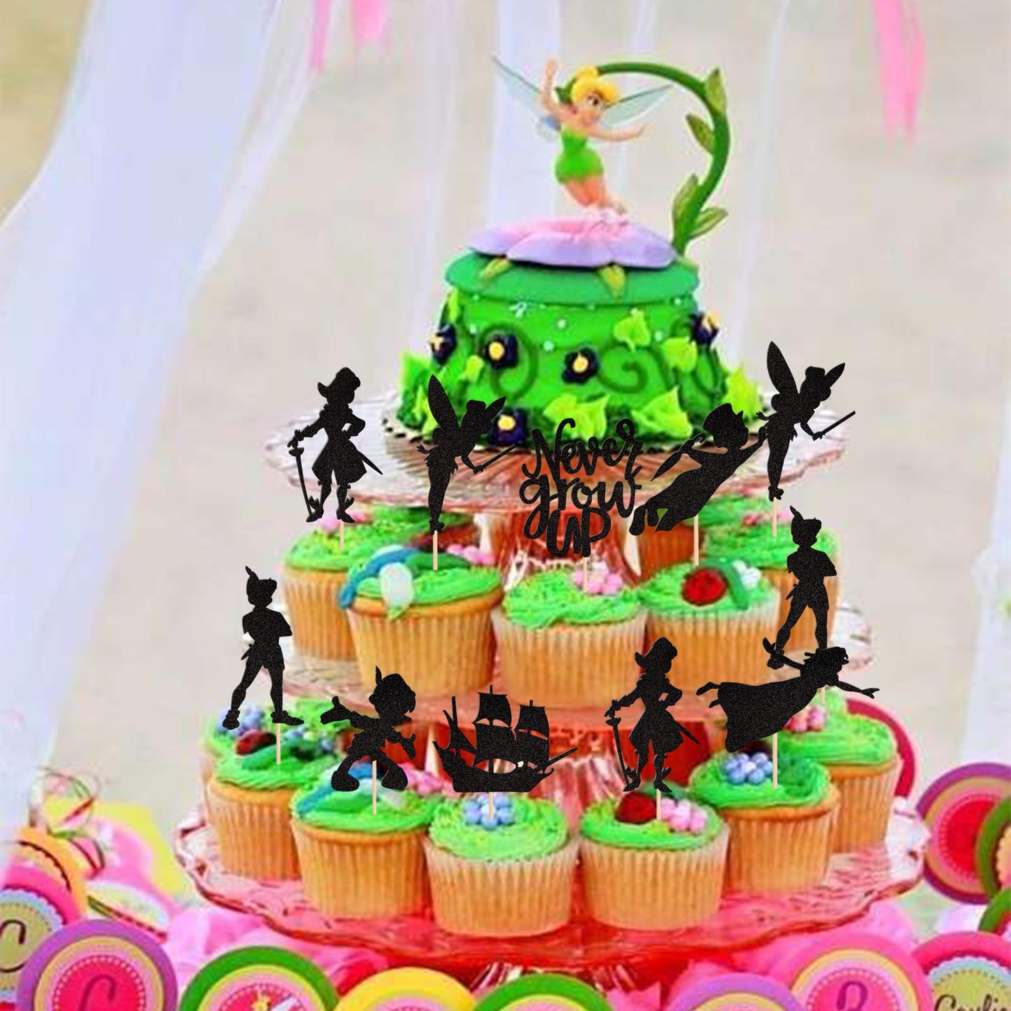 ZHUOWEISM 24 PCS Cupcake Toppers - Star Glitter Neverland Peter Pan Decor for Baby Shower & Birthday, Black, Bamboo Material