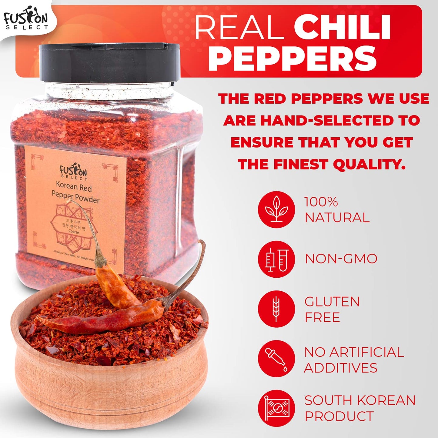 Fusion Select Korean Premium Non-Gmo Gluten Free Red Chili Pepper Flakes Powder, Crushed Red Pepper Premium Gochugaru For Kimchi Seasoning, Chicken, Pork, Fish, Vegetables Hot Pepper Flakes (12 Oz)