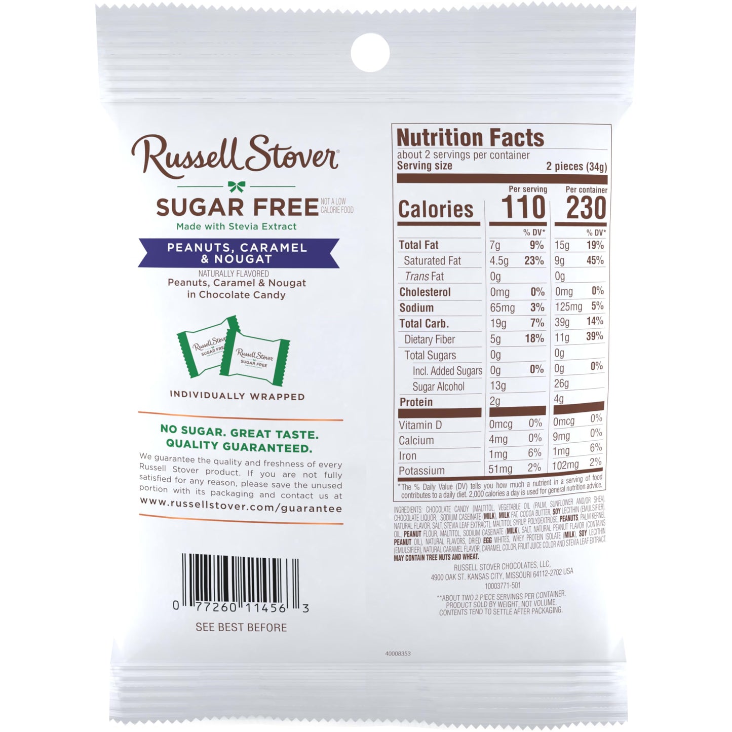 RUSSELL STOVER Sugar Free Peanut, Caramel & Nougat Chocolate Candy, 2.4 oz. bag (Pack of 10)