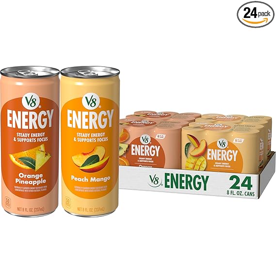 V8 Energy Peach Mango and Orange Pineapple Energy Drinks, 8 fl oz Can (24 Pack)