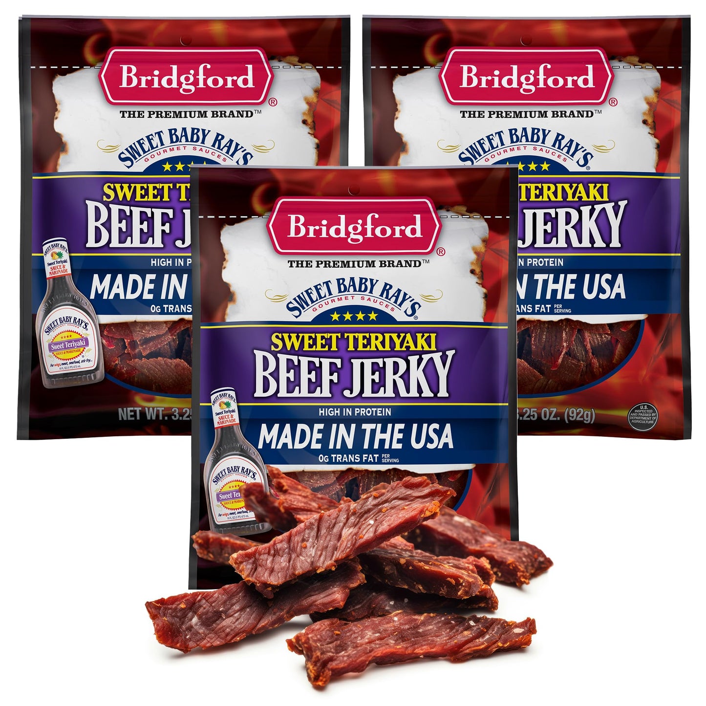 Bridgford Sweet Baby Rays Beef Jerky Sweet Teriyaki 3.25 oz Pack of 3 - Protein-Rich Snacks for Low Carb and High Protein Diets 