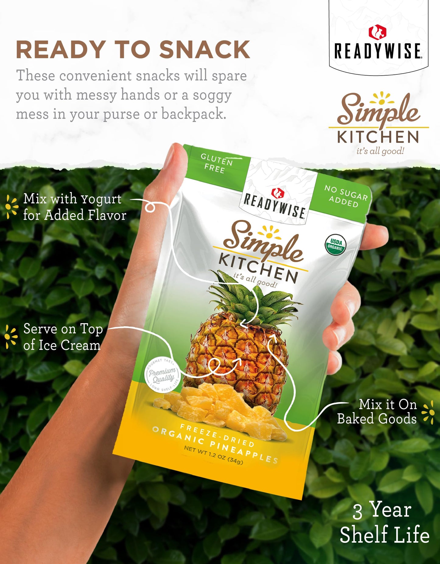 ReadyWise Freeze-Dried Organic Pineapples, 1 Pack, Vegetarian, Gluten Free, Model RWSK05-016, Healthy Snacks, Dried Fruit