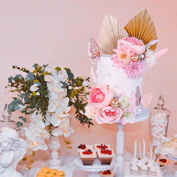 22 Pcs Cake Topper Flower Decorations Pink Palm Leaves Butterfly Floral Bohemian Bridal Party Baptism Baby Shower Summer Lady Ca