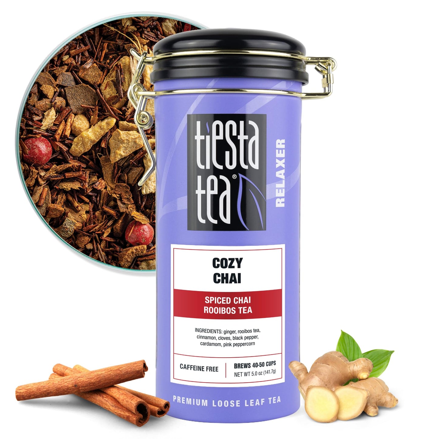 Tiesta Tea Cozy Chai Loose Leaf Rooibos Tea - Premium Caffeine-Free Blend, 5oz Tin, Makes Hot or Iced, Up to 50 Cups