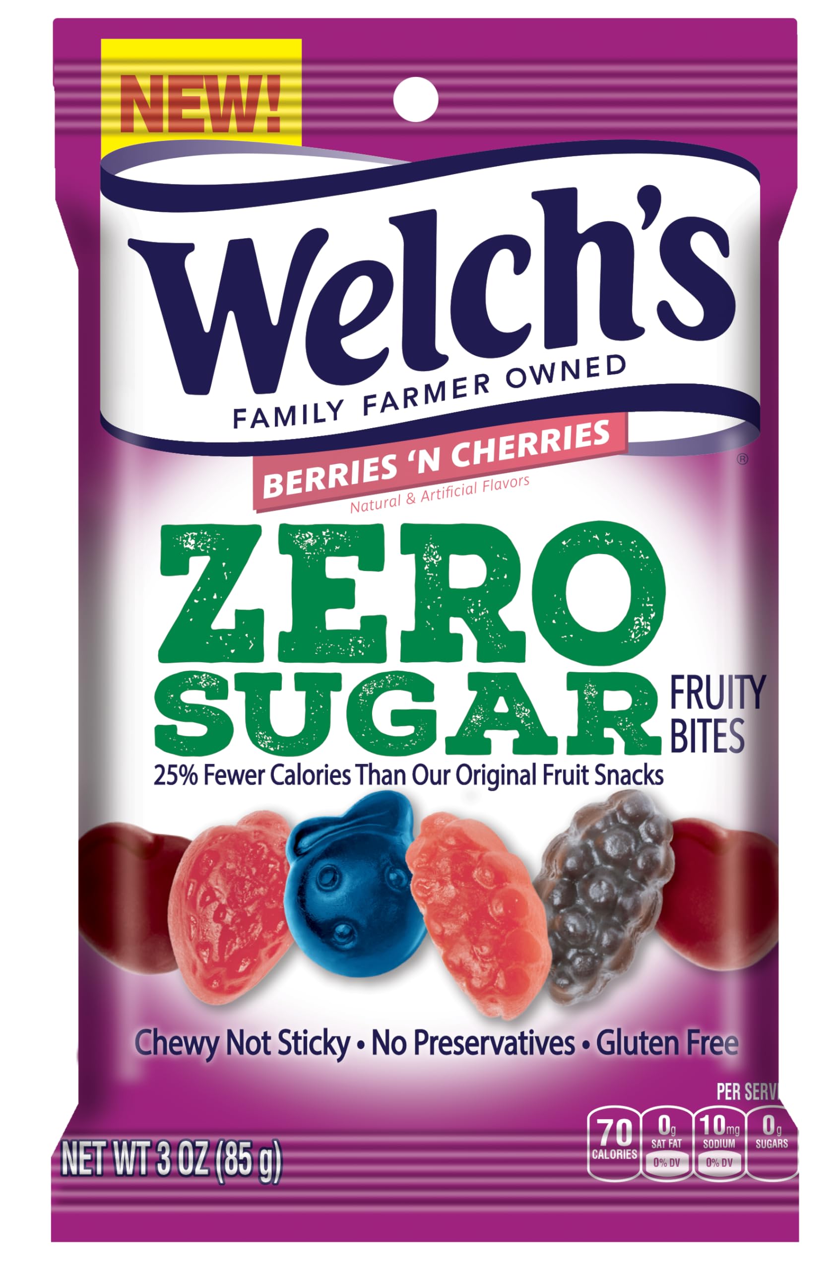 Welchs Fruit Snacks, Zero Sugar Fruity Bites, Perfect For School Lunches, Berries 'N Cherries, Gluten Free, 3 Oz (Pack Of 1)