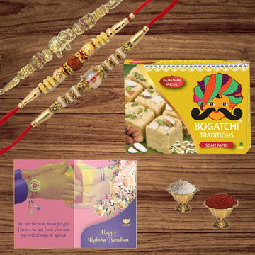 BOGATCHI Rakhi with Sweets for Brother, Traditional Soan Papdi, 400gm with 3 Rakhi + Roli Chawal + Free Rakhi Story Card